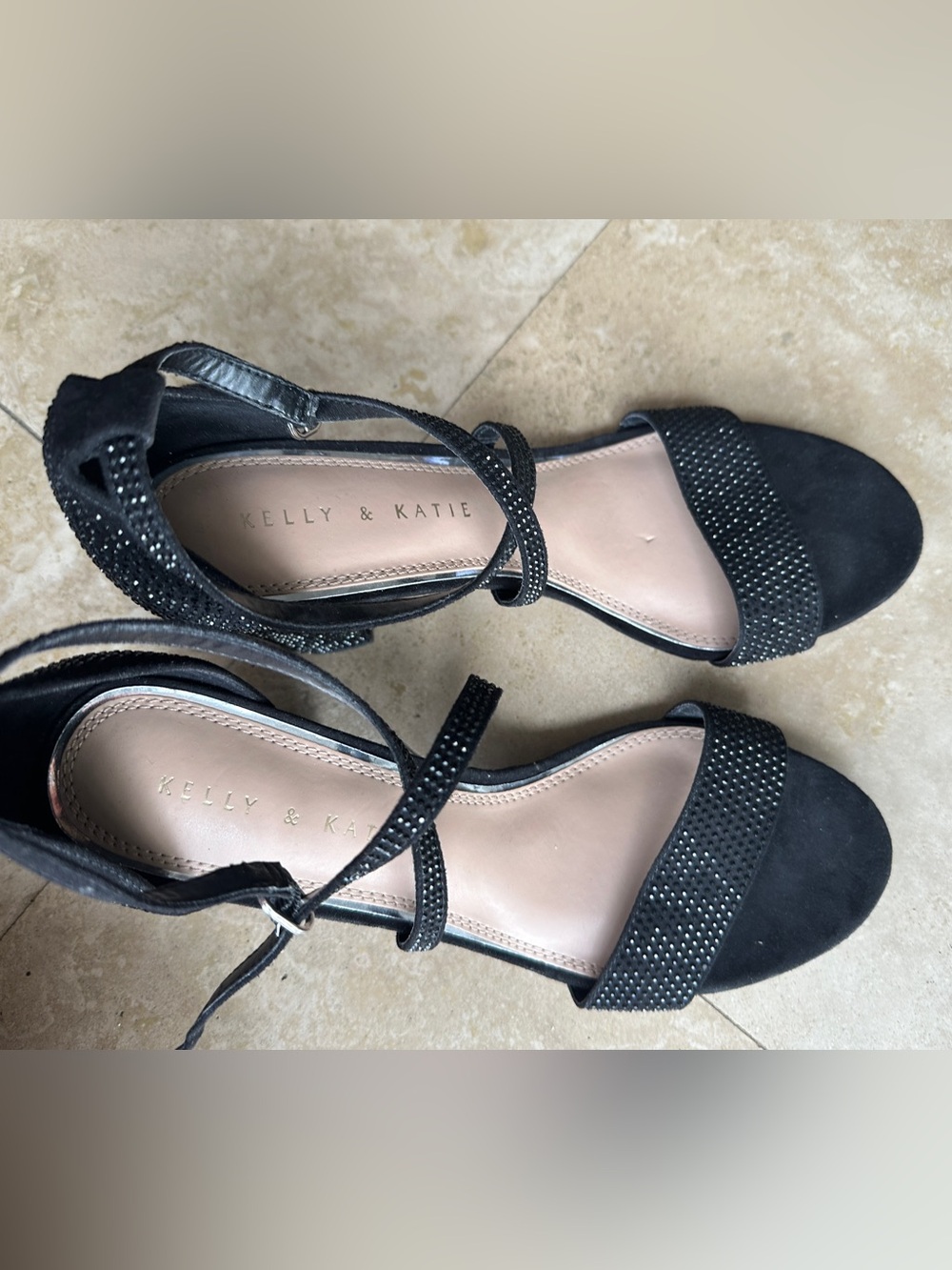 Kelly & Katie Black Strappy Open-Toe Heels with Rhinestone Detail